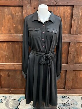 Black Long-Sleeve Shirt Dress with Waist Tie